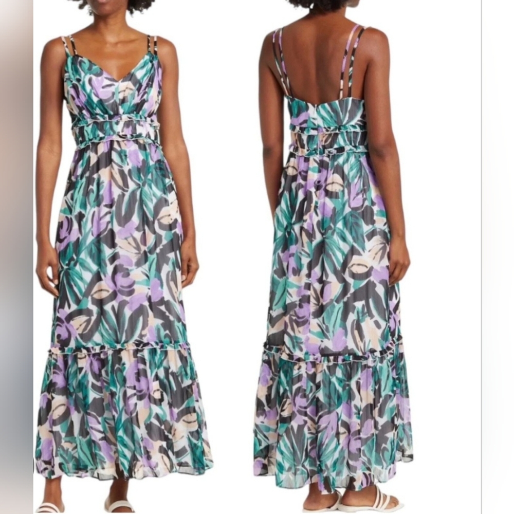 Donna Morgan Floral Chiffon Sheer Ruffled Peasant Maxi Dress